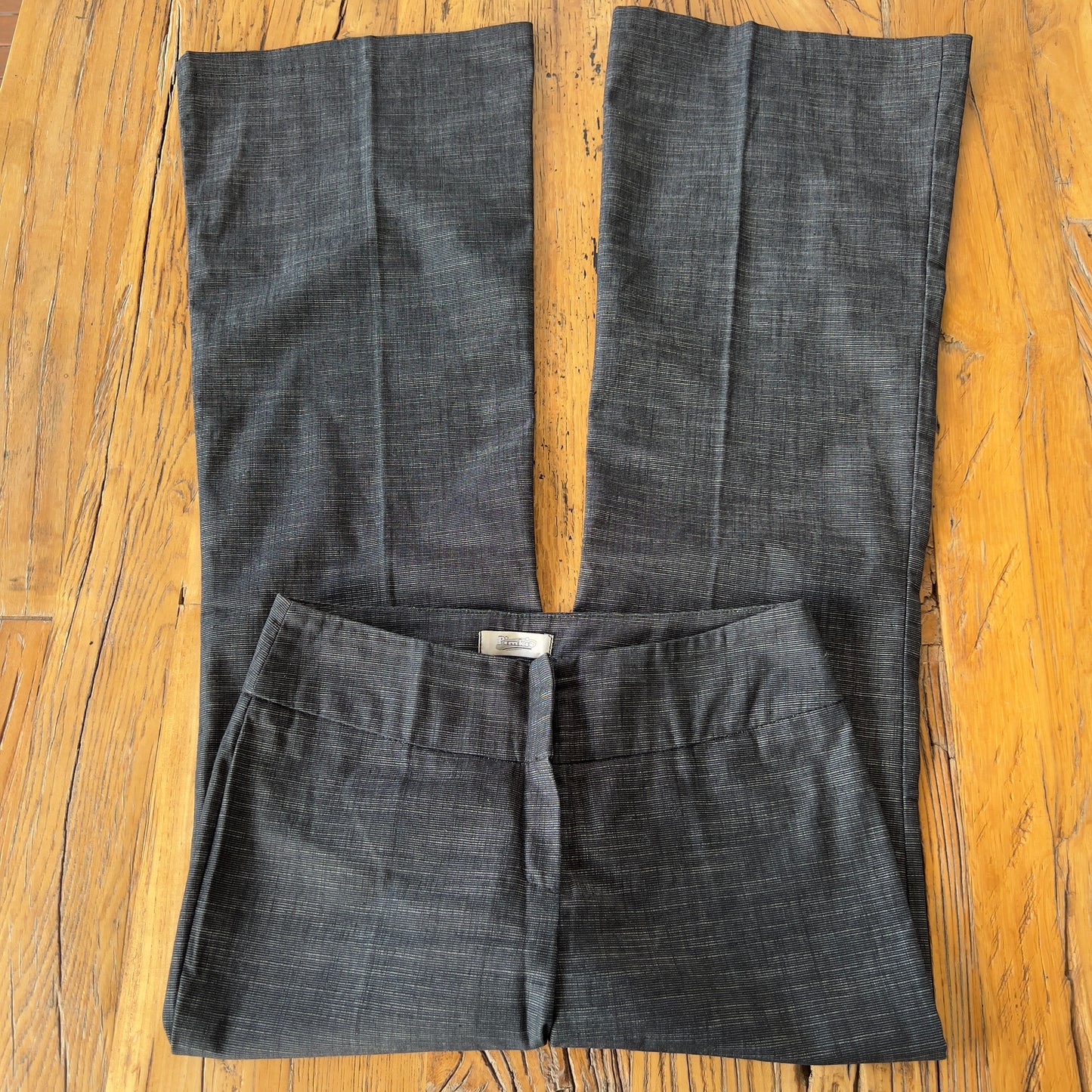 dark grey flared trousers