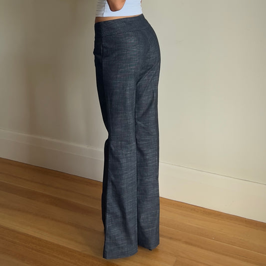 dark grey flared trousers