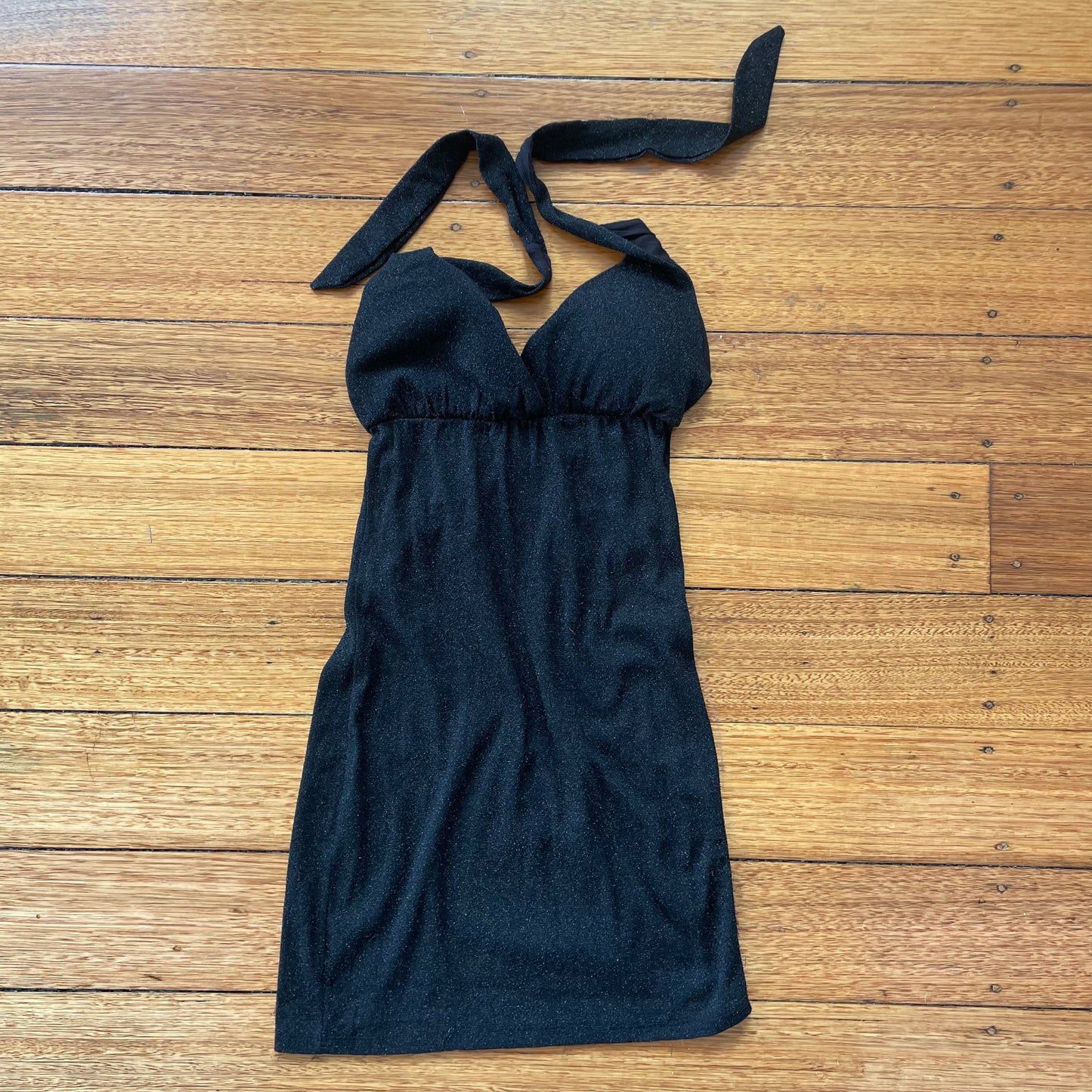 black sparkle halter mini dress