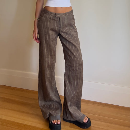 brown pinstripe linen trousers