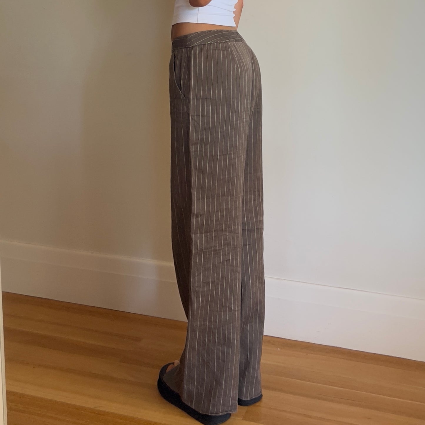 brown pinstripe linen trousers
