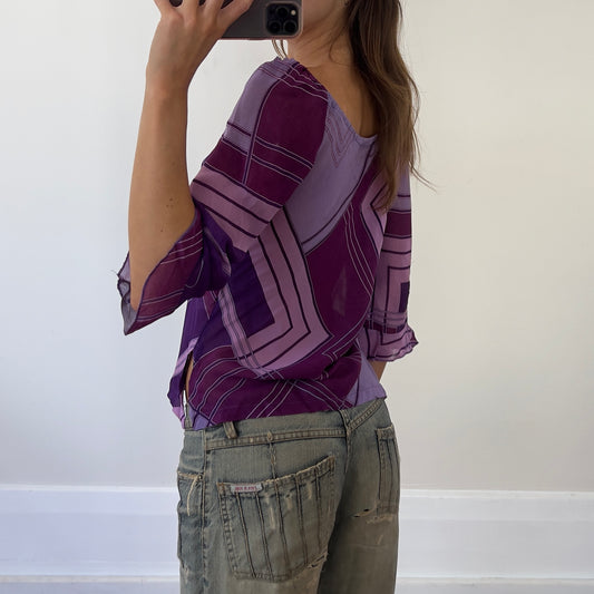 sheer graphic purple blouse