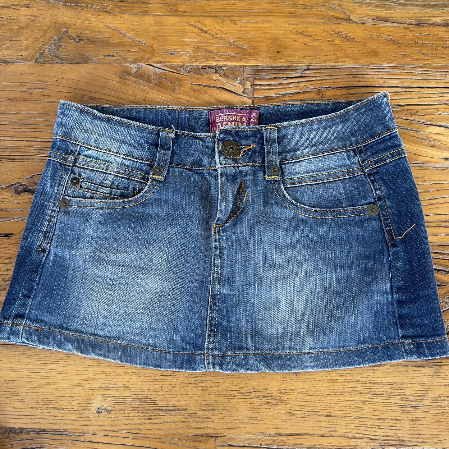 low rise denim mini skirt