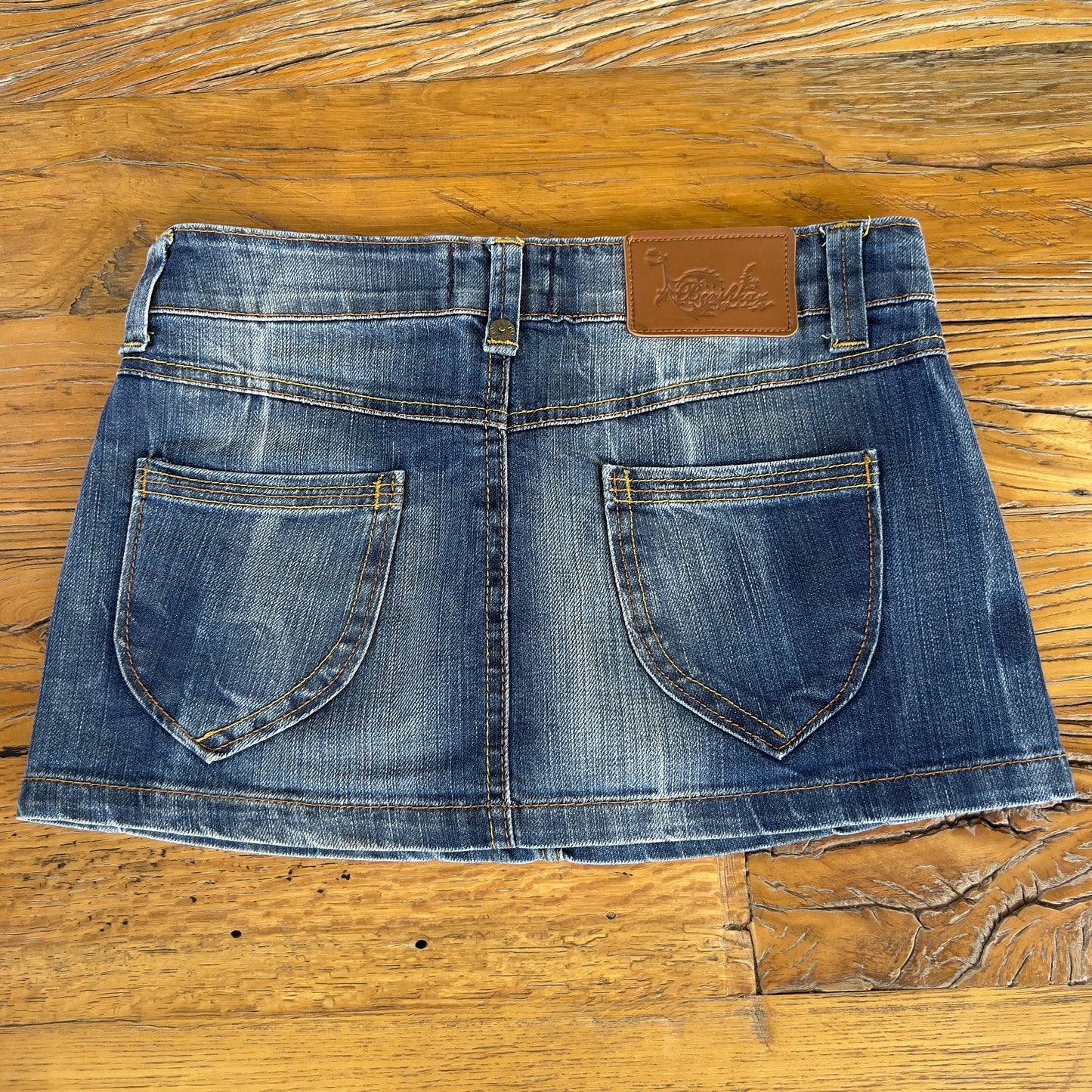 low rise denim mini skirt