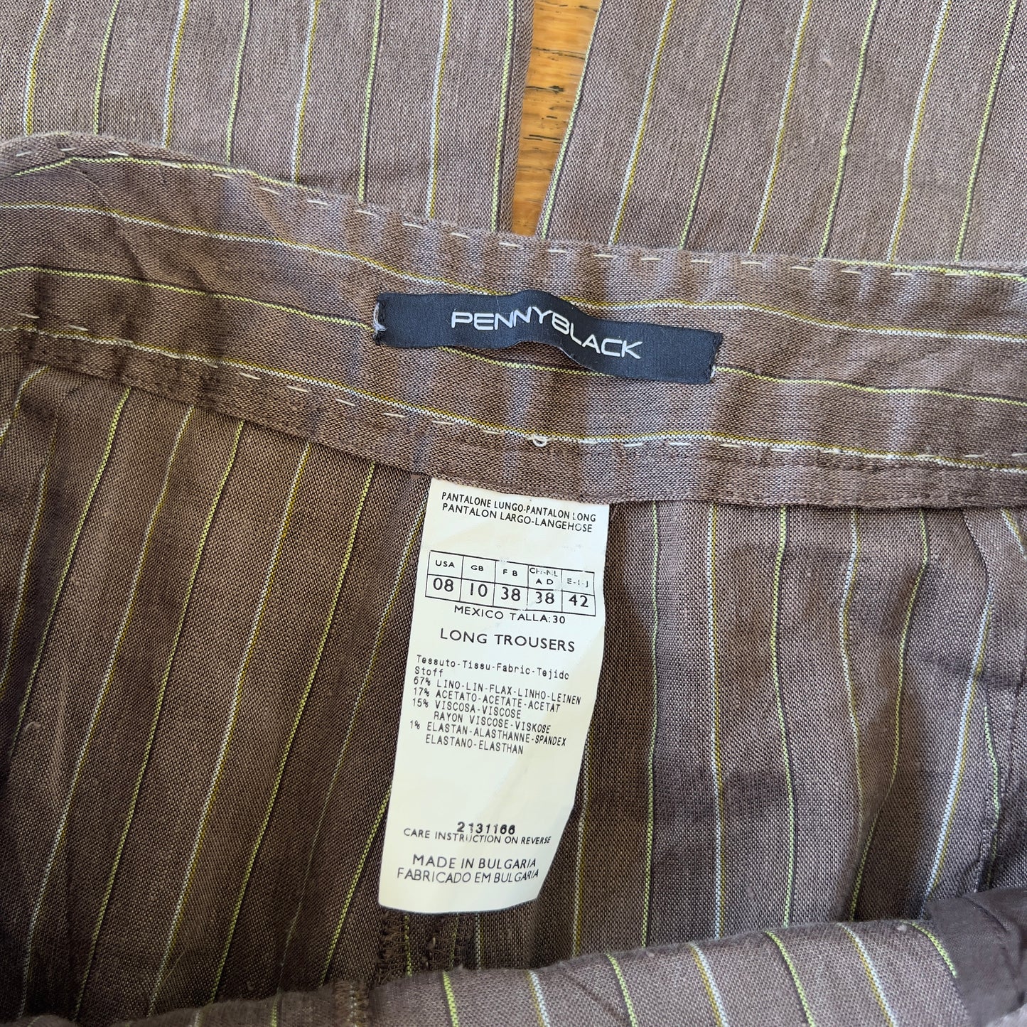 brown pinstripe linen trousers