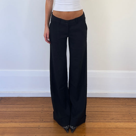black low rise wide leg trousers