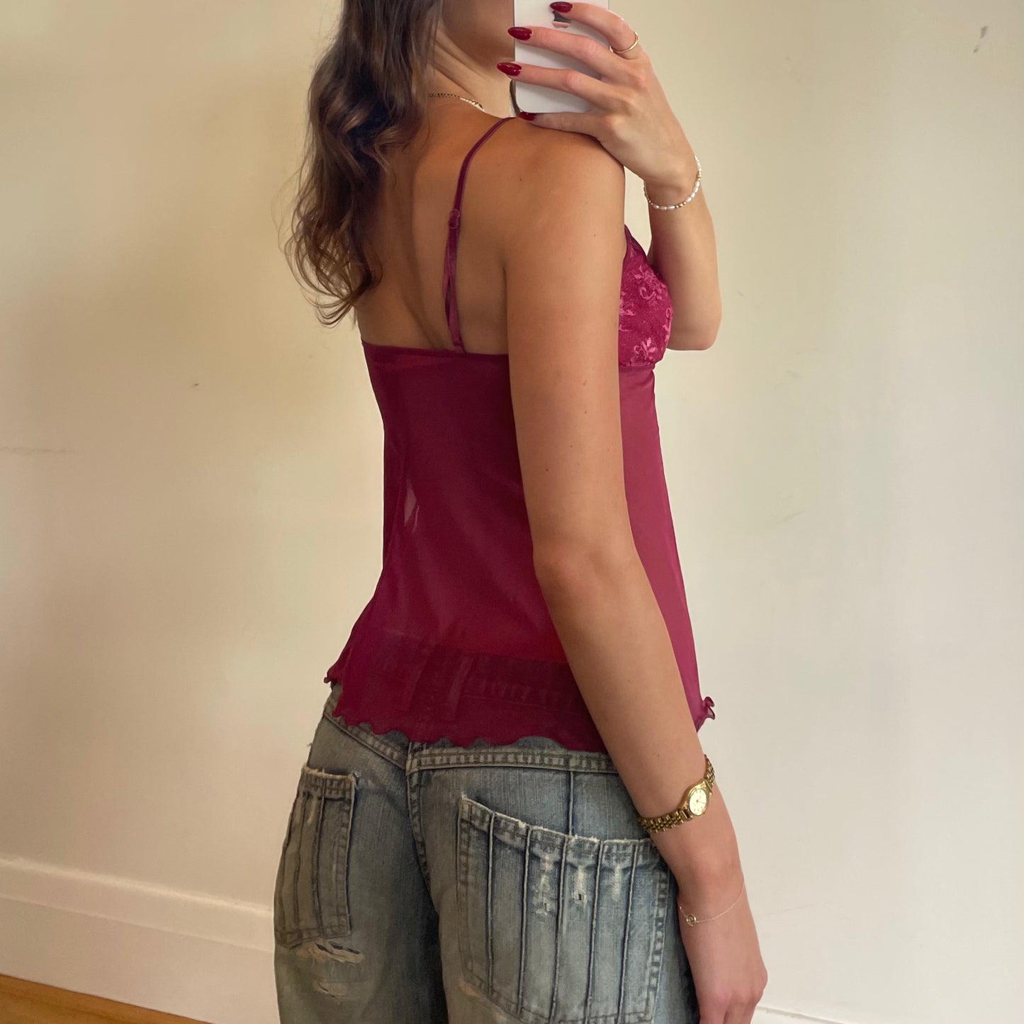 burgundy mesh/lace cami