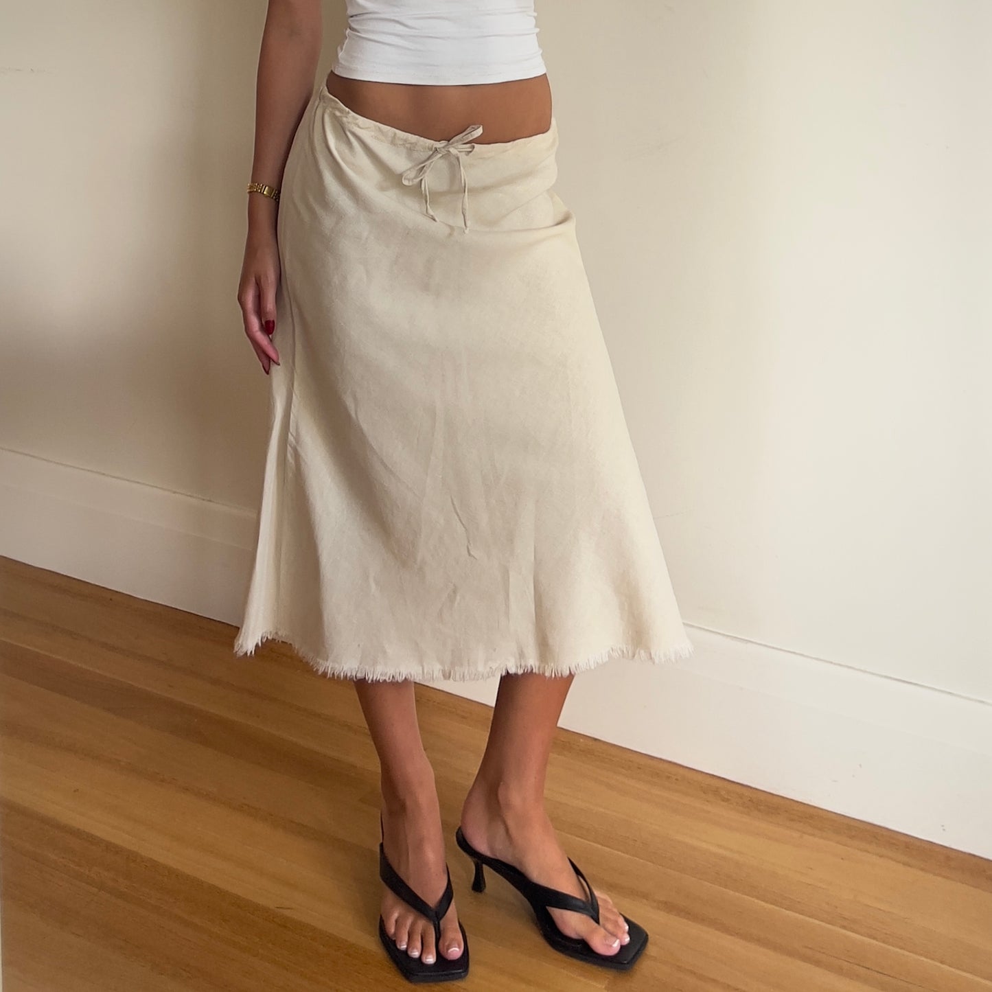 beige linen midi skirt