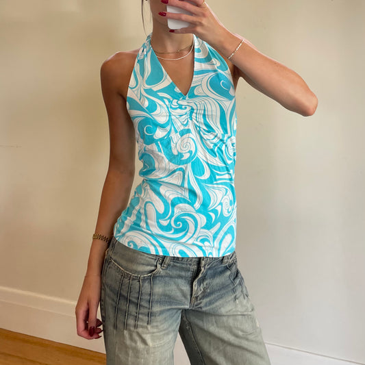 blue floral halter top