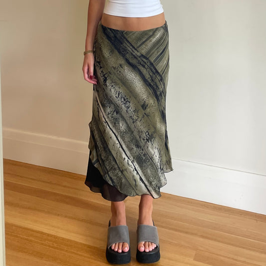 90s green print maxi skirt