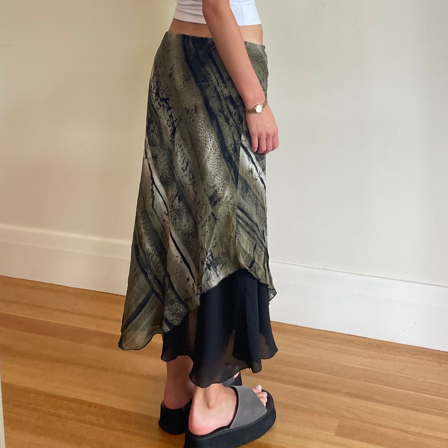 90s green print maxi skirt