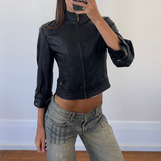 3/4 sleeve black leather jacket