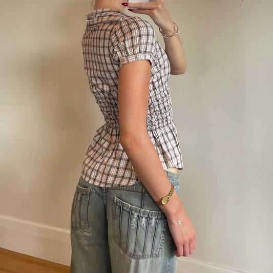 plaid print ruched shirt