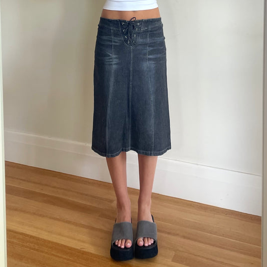 lace up denim midi skirt