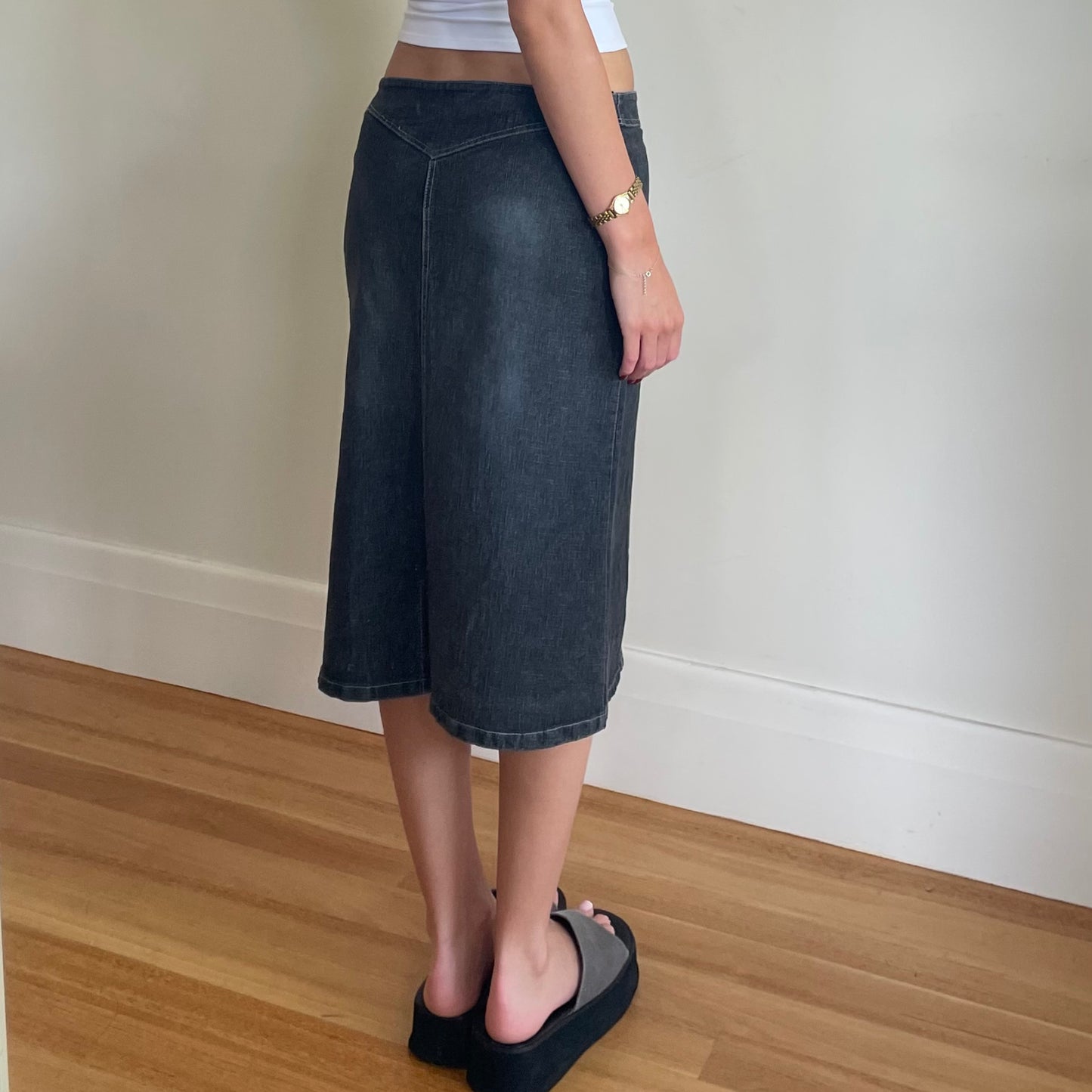 lace up denim midi skirt