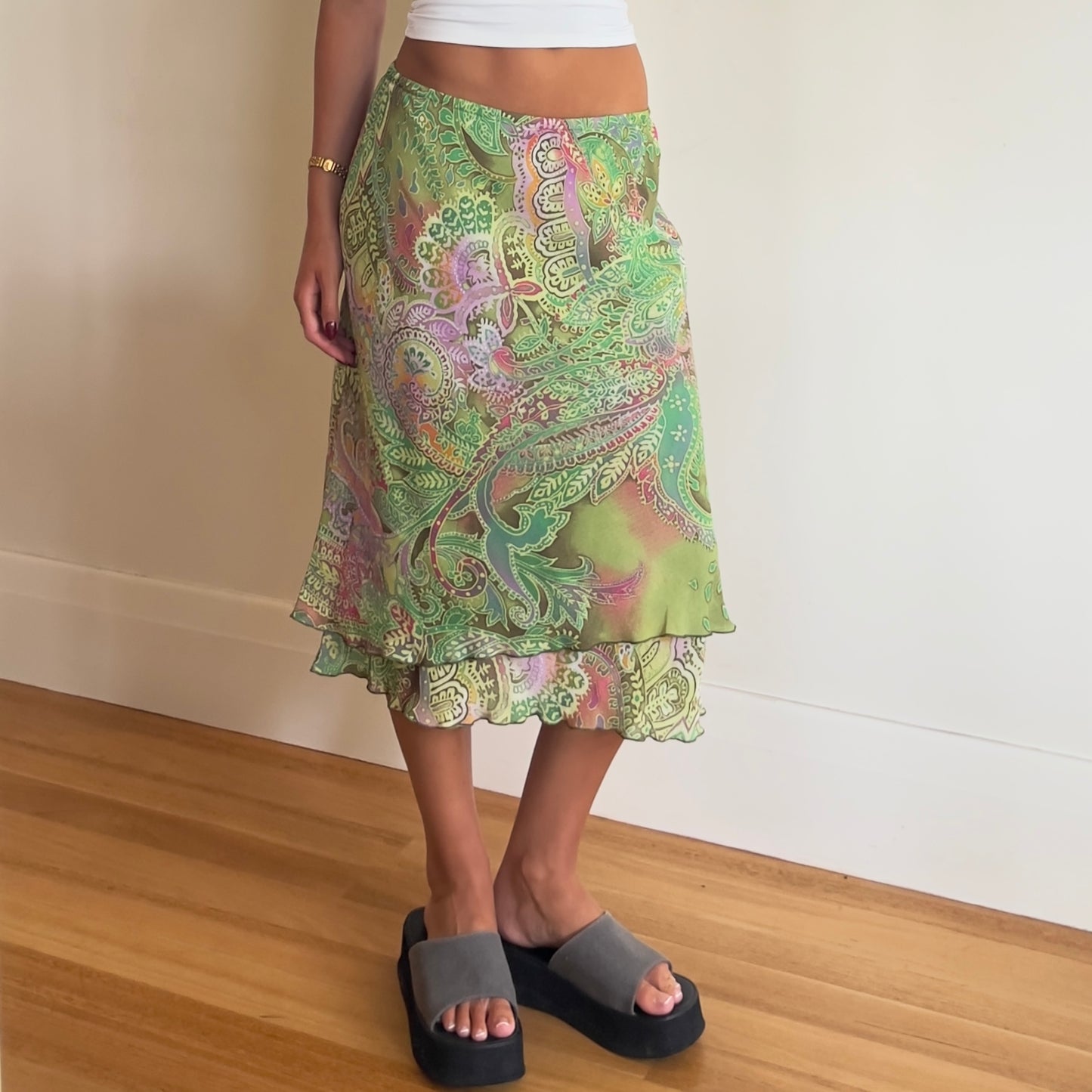 green paisley midi skirt