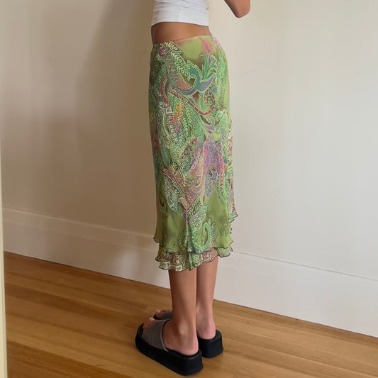 green paisley midi skirt