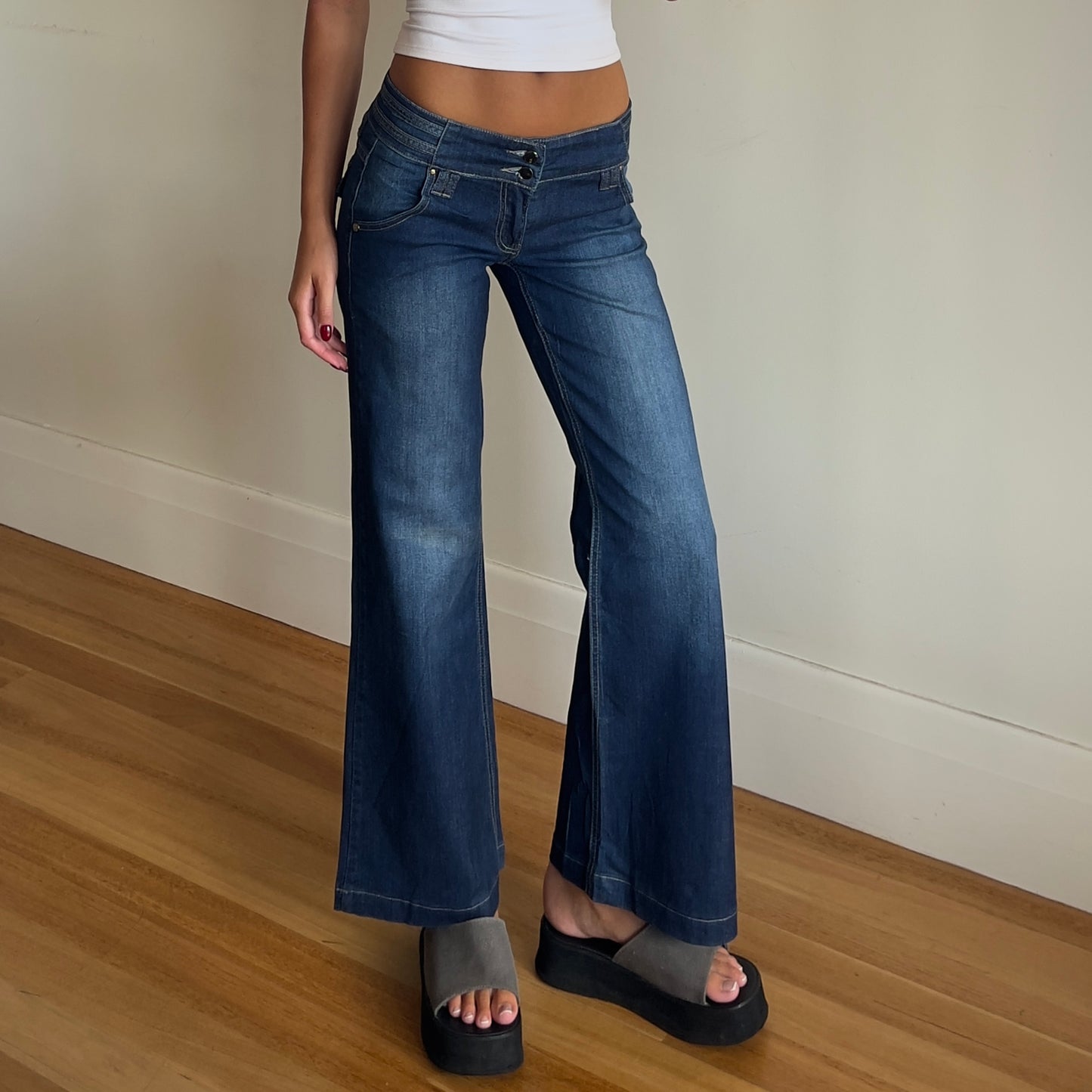 low rise dark denim jeans