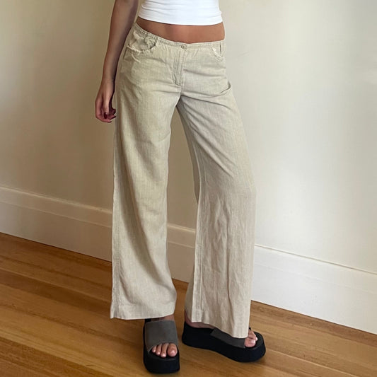 beige pinstriped linen pants