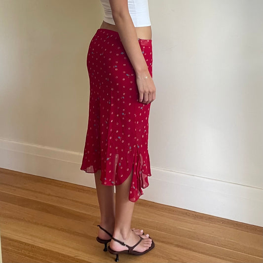 red floral midi skirt
