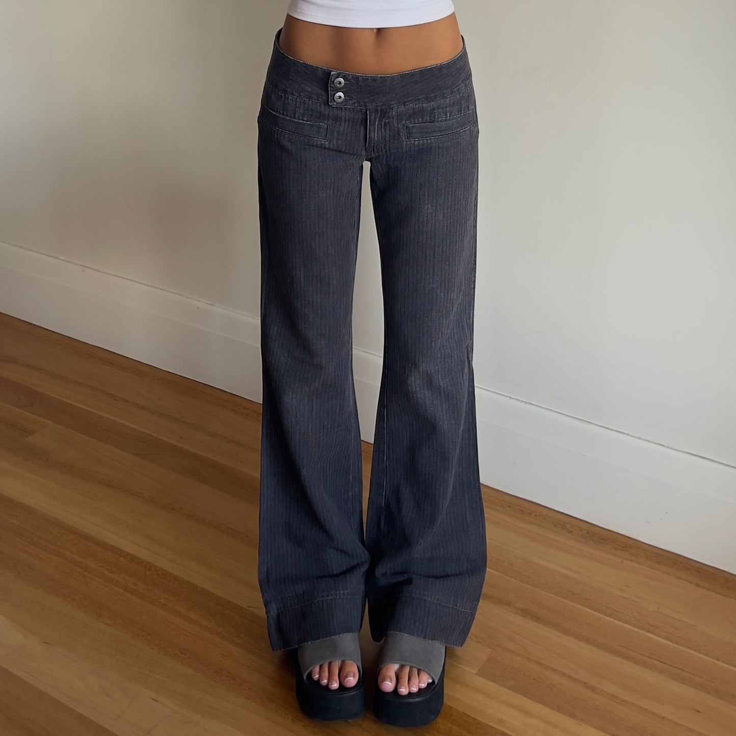 low rise flared pinstripe trousers