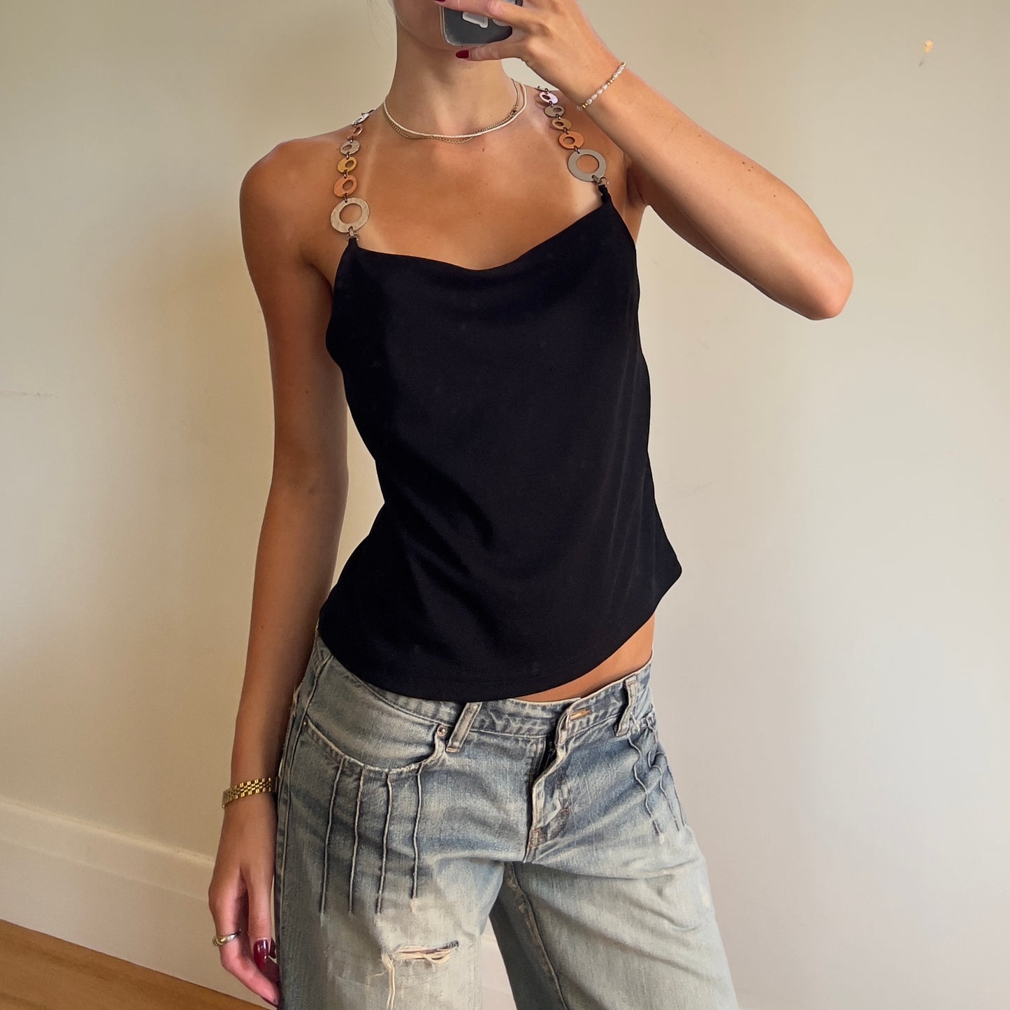 90s black chain strap top