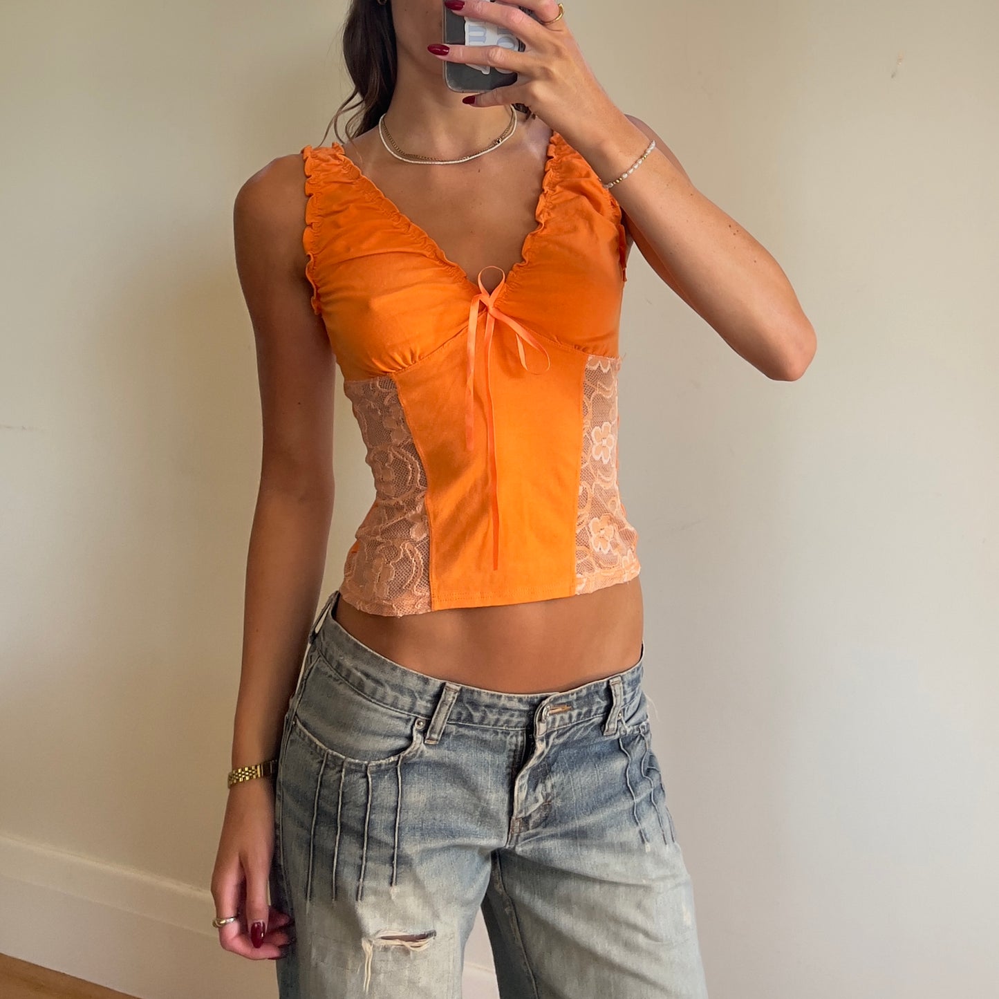 y2k orange lace cami