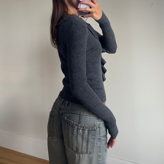 grey ruffled cardigan