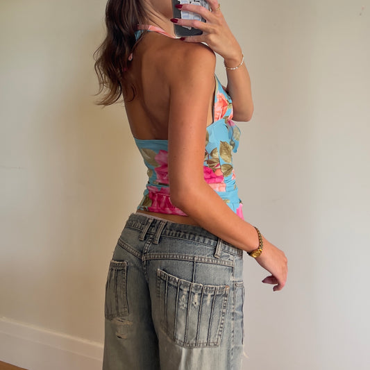 y2k floral ruched halter top