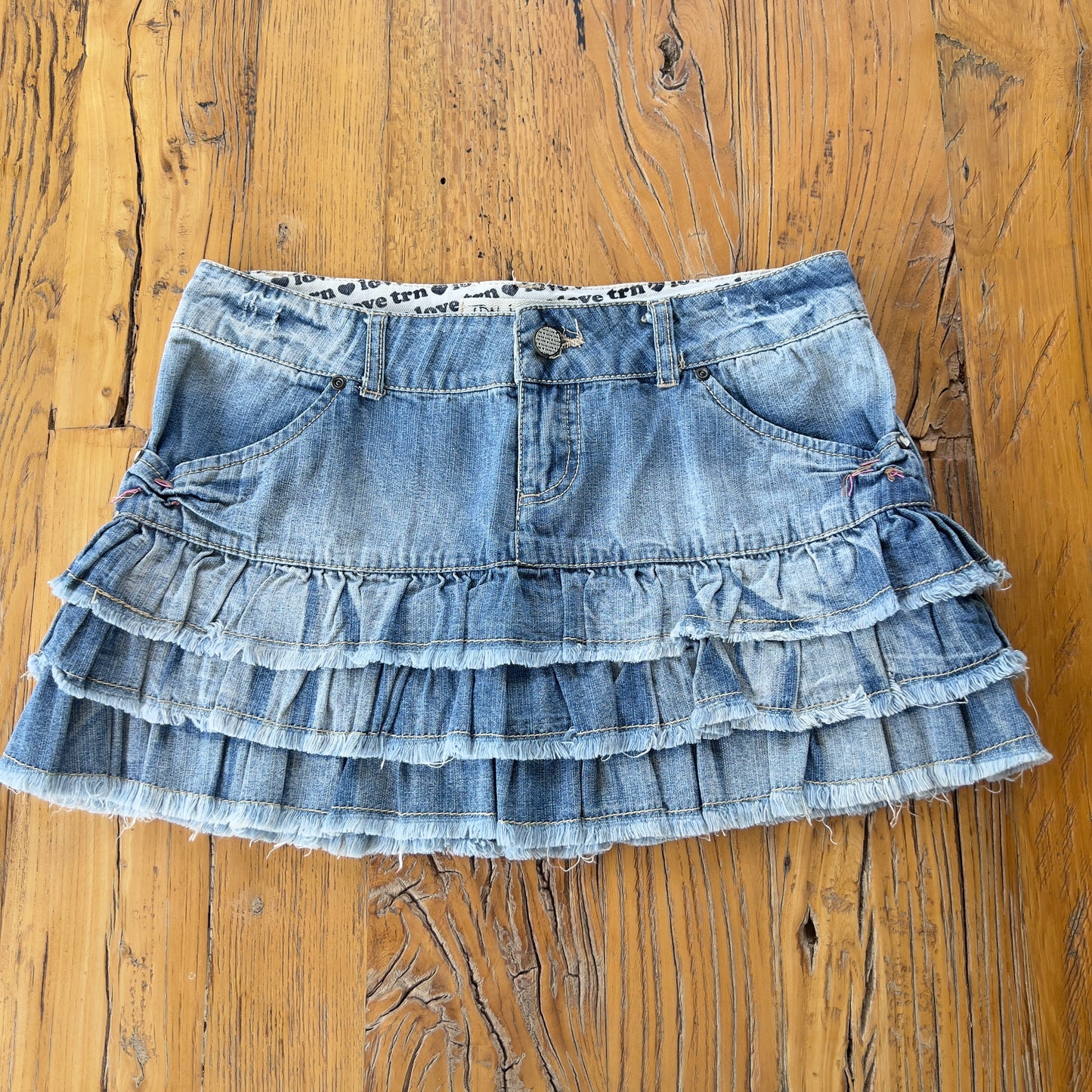 y2k frilly denim mini skirt