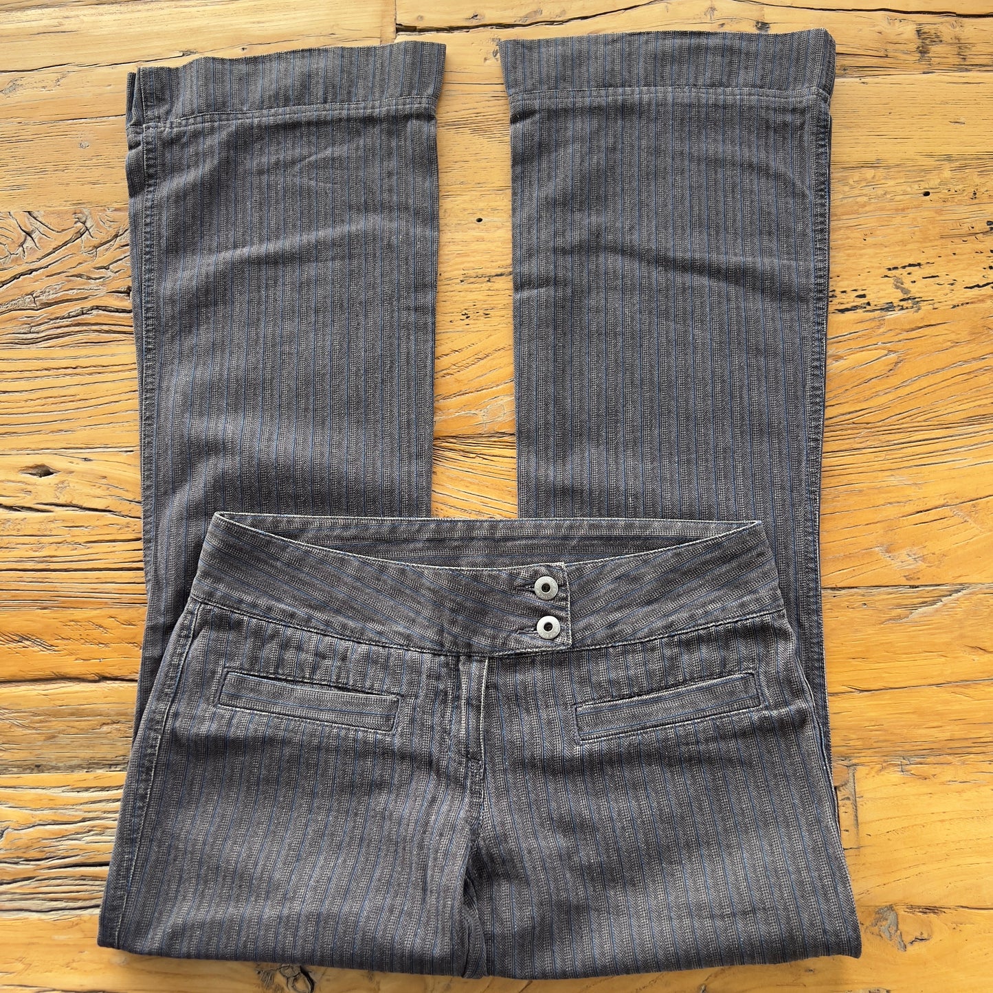 low rise flared pinstripe trousers