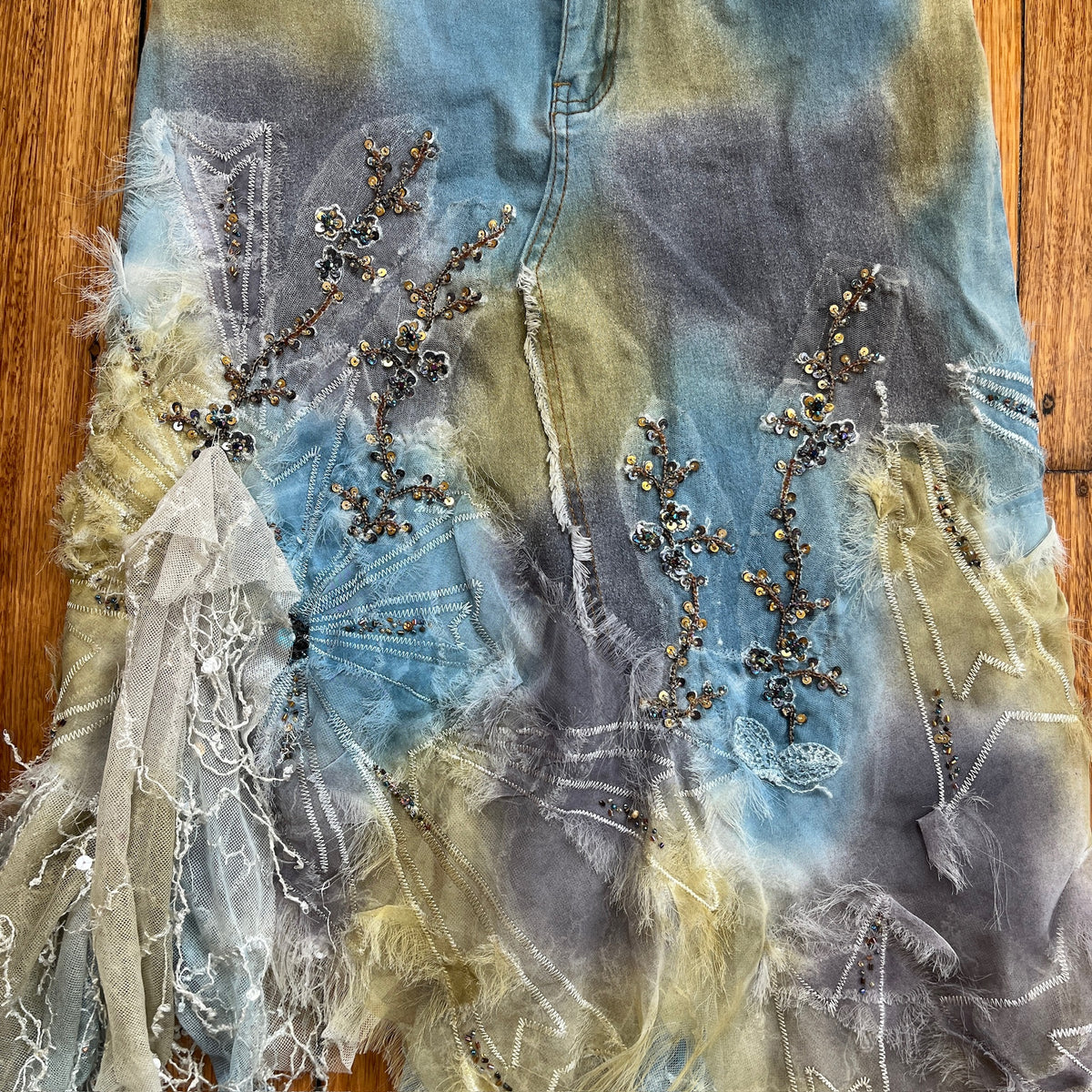 sequin beaded lace midi skirt