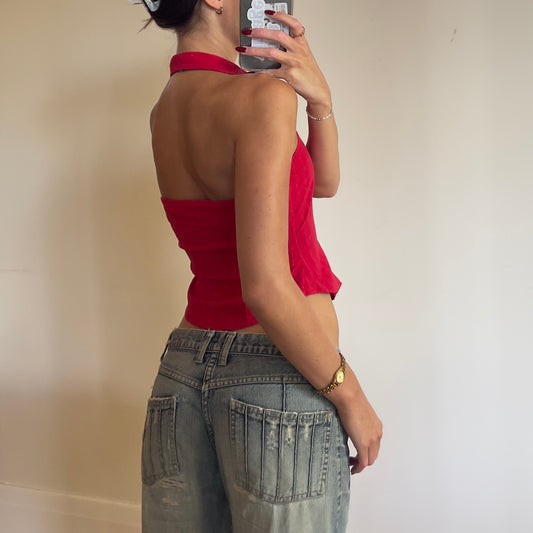 red collared halter vest
