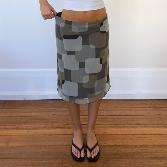 graphic khaki midi skirt