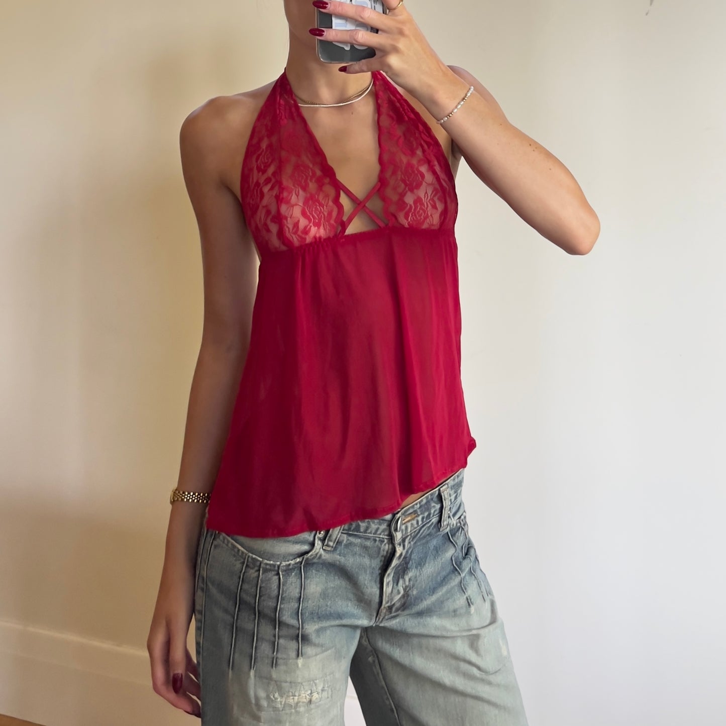 lacy sheer red halter cami