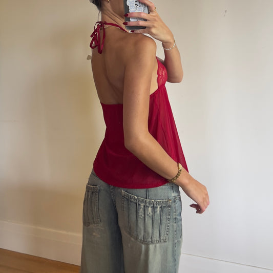 lacy sheer red halter cami