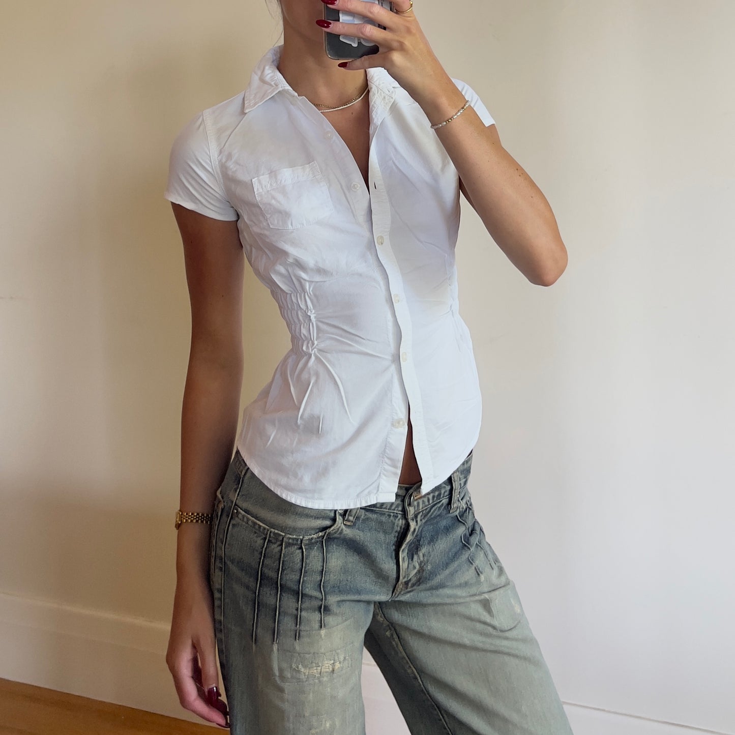 white reworked ruched shirt