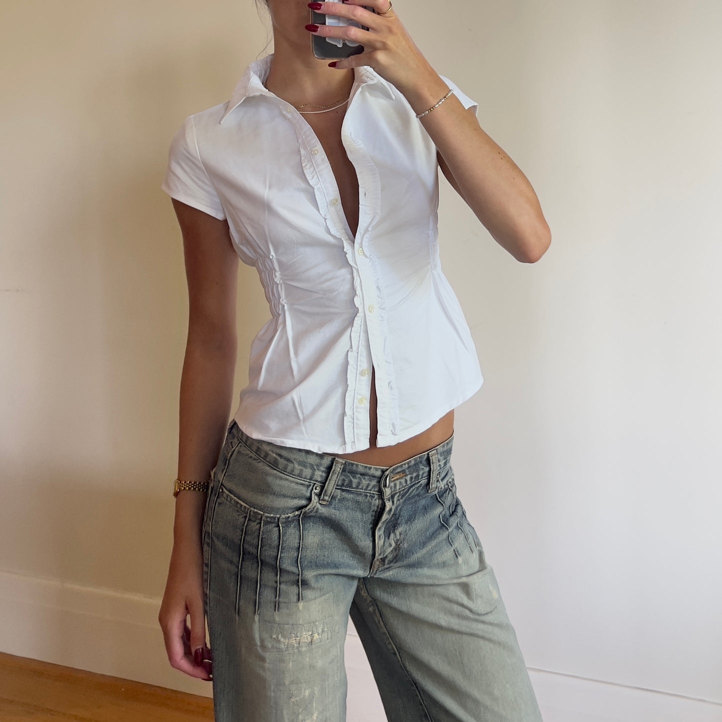 white reworked ruched shirt