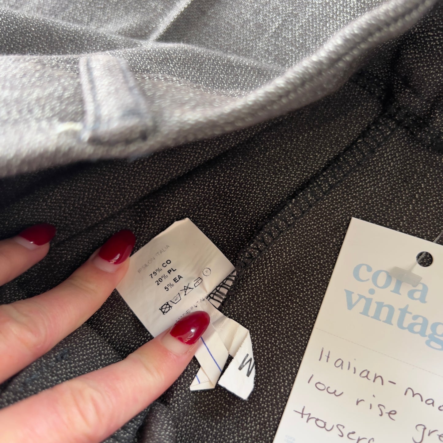 low rise grey trousers