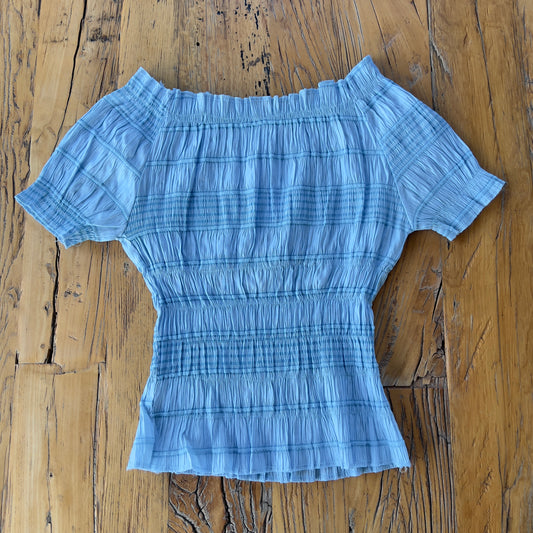 blue ruched off-shoulder top