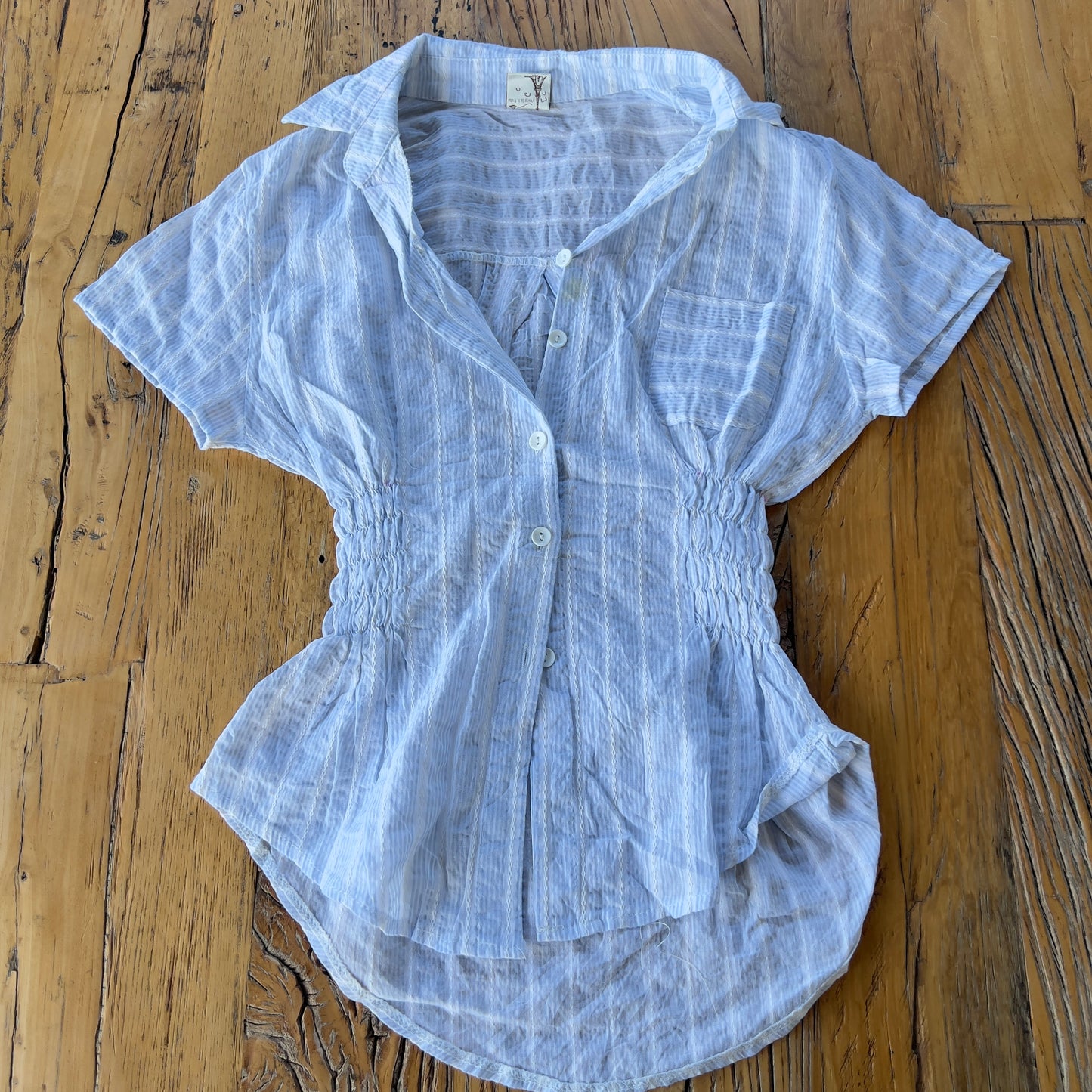 blue ruched reworked shirt