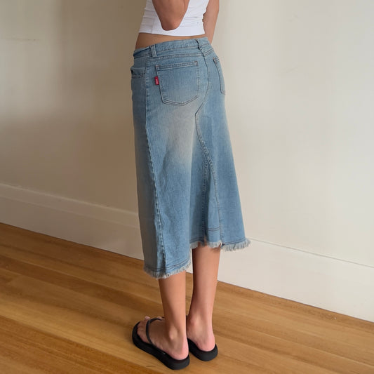 y2k low rise denim midi skirt