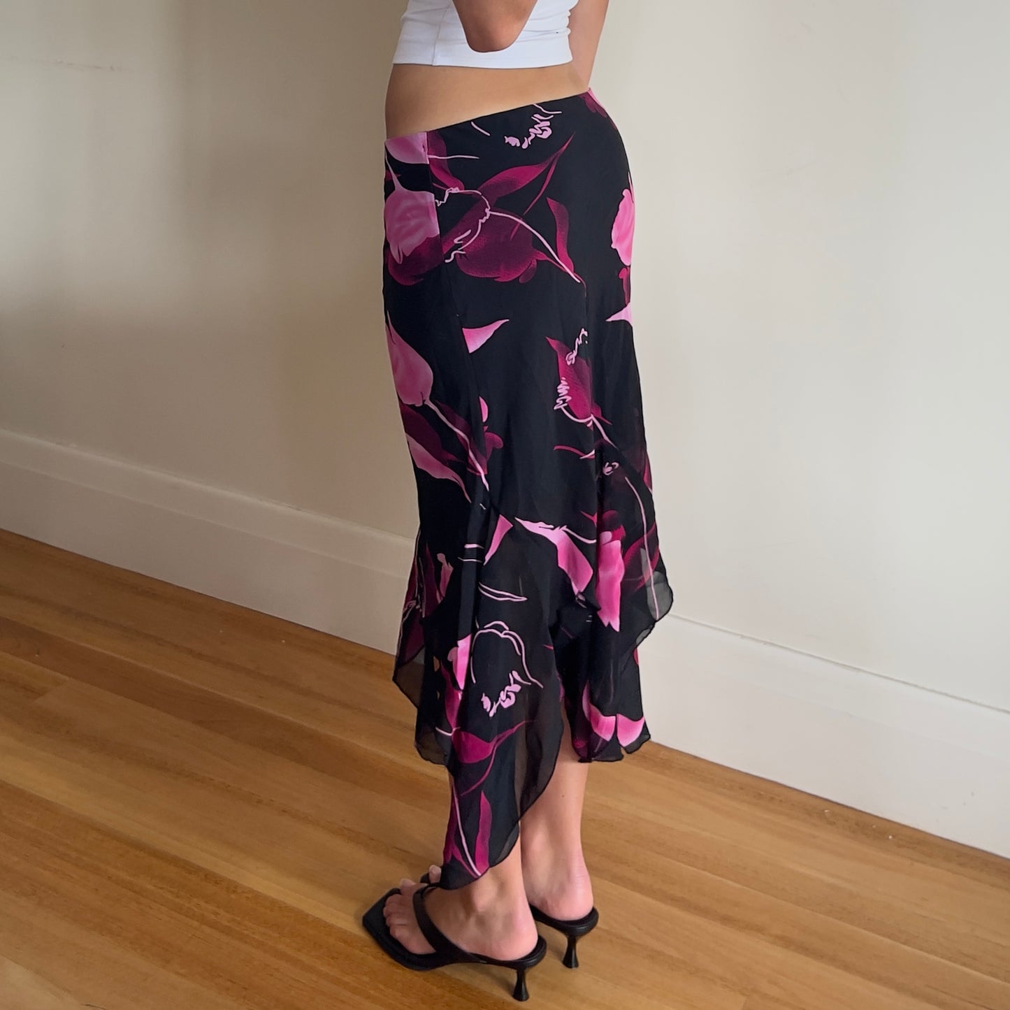 low rise floral midi skirt