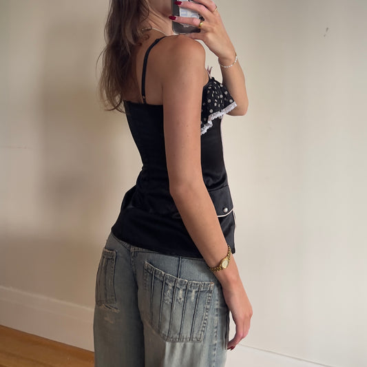 black fitted polka dot trim top