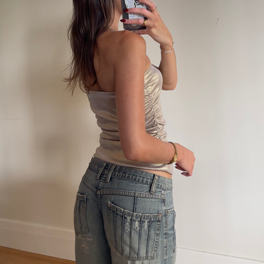 slinky gold strapless top