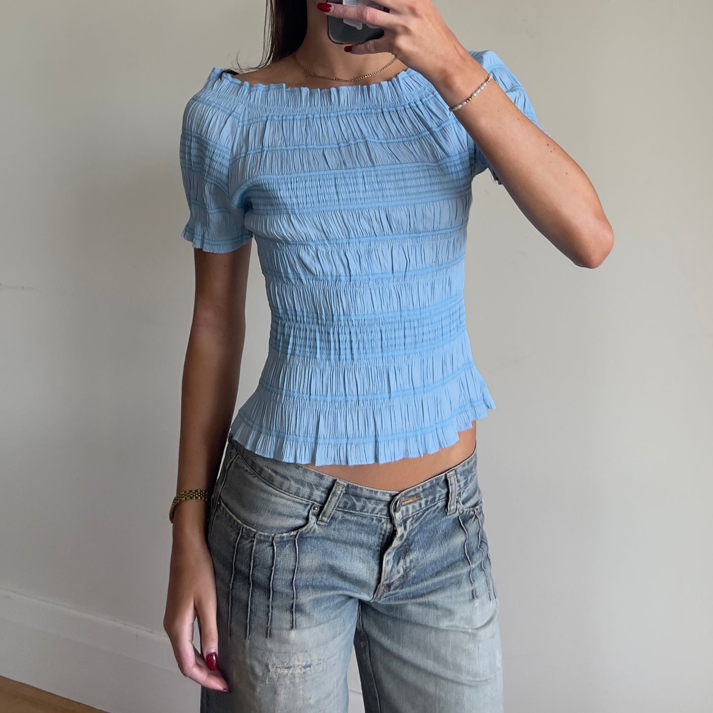 blue ruched off-shoulder top