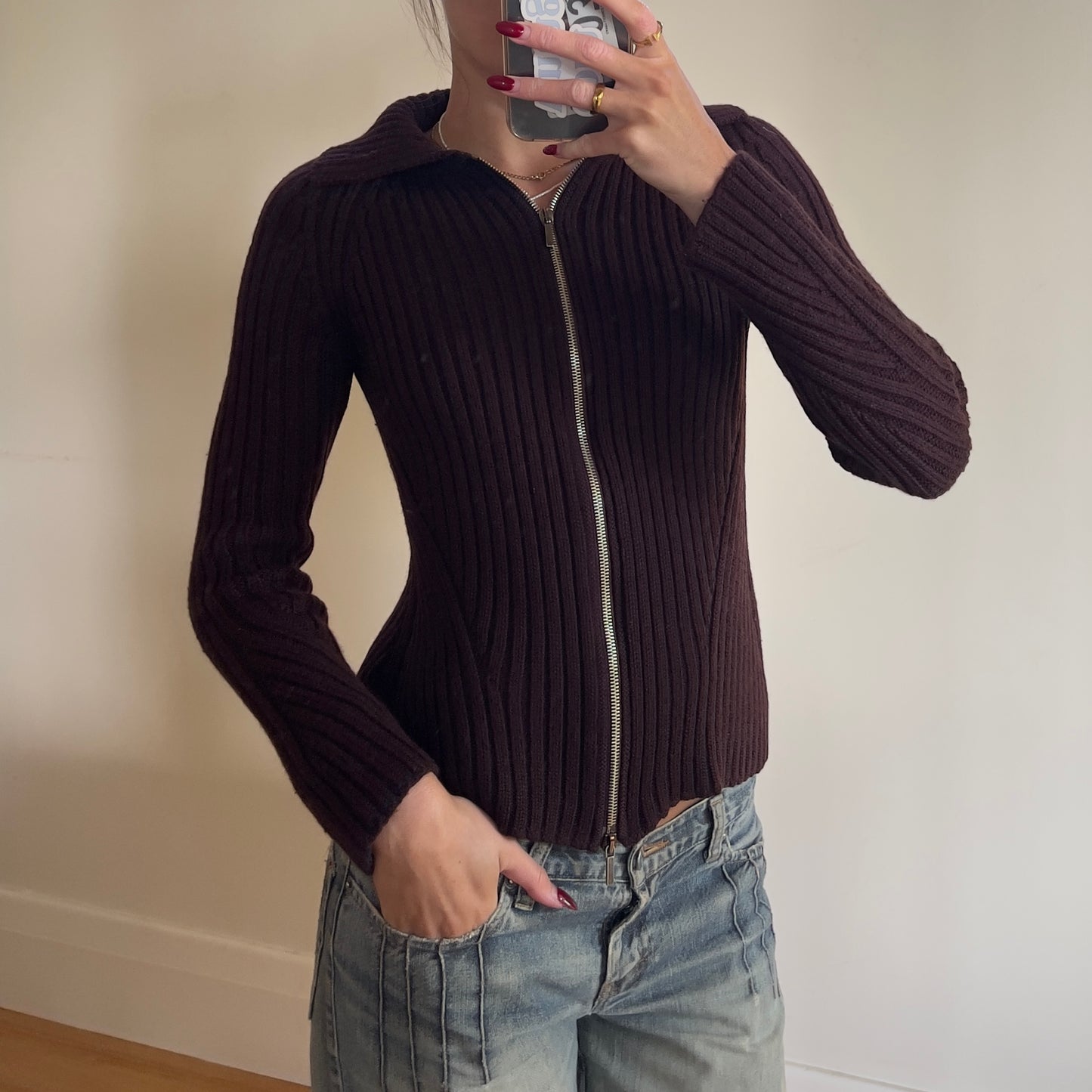 maroon zip-up knit