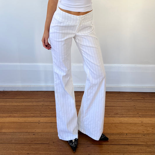 white pinstripe trousers