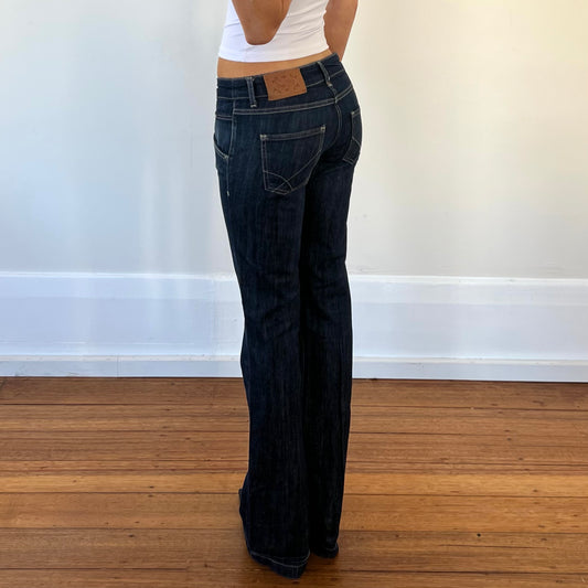 dark denim low rise flared jeans