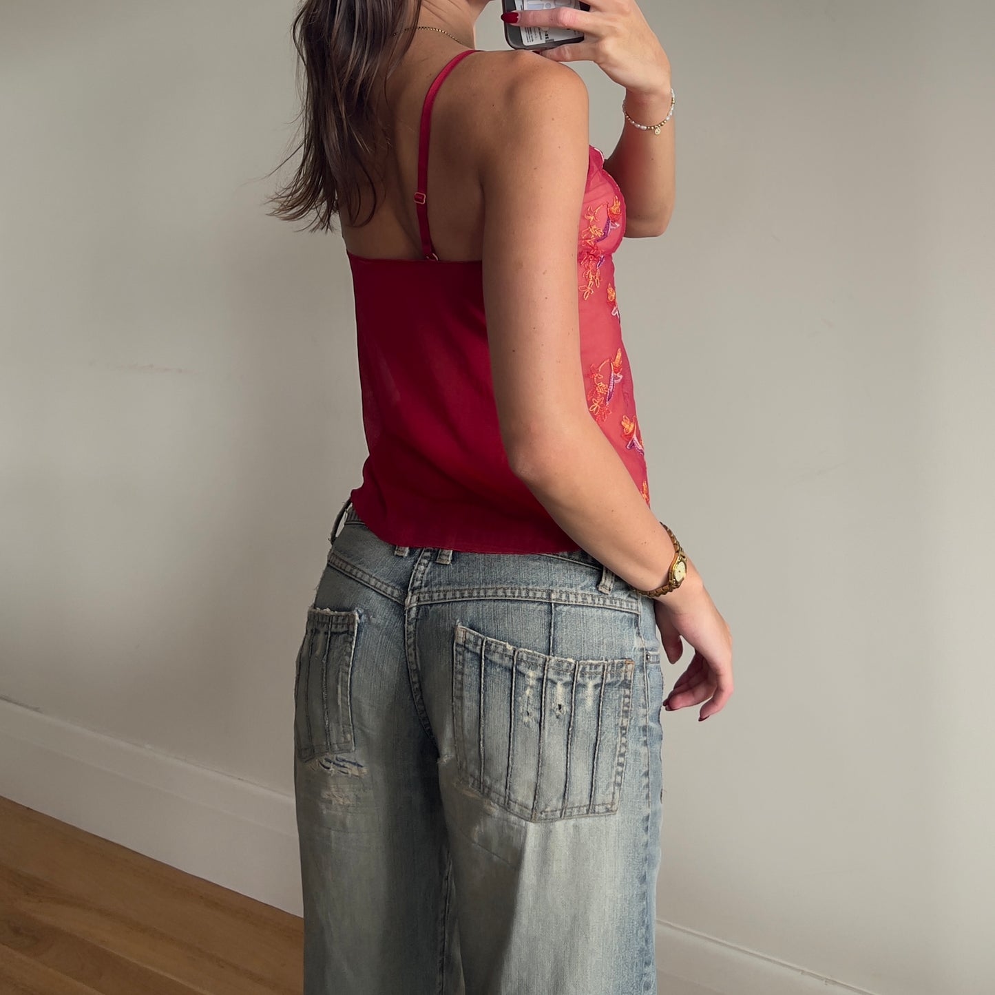 red sheer lace cami